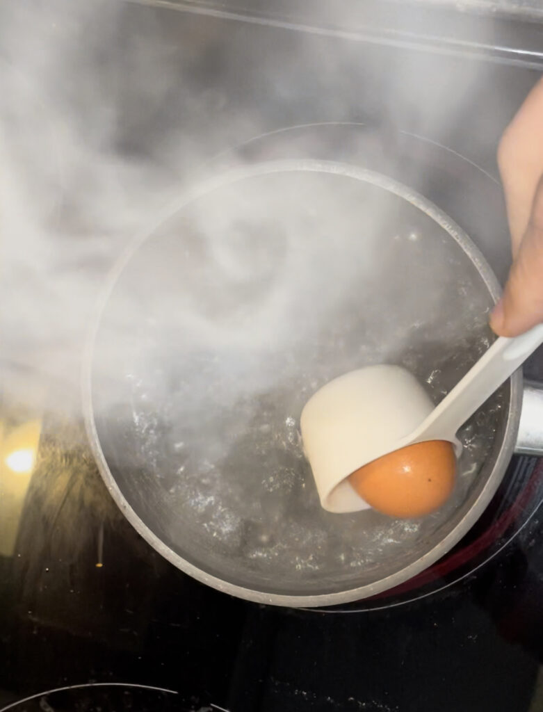 Placing egg in pot with boiling water.