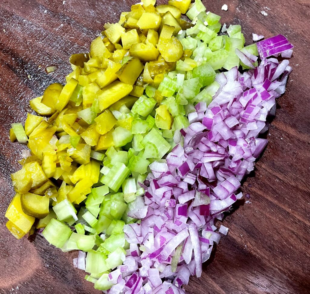Chooped red onions celery and pickles